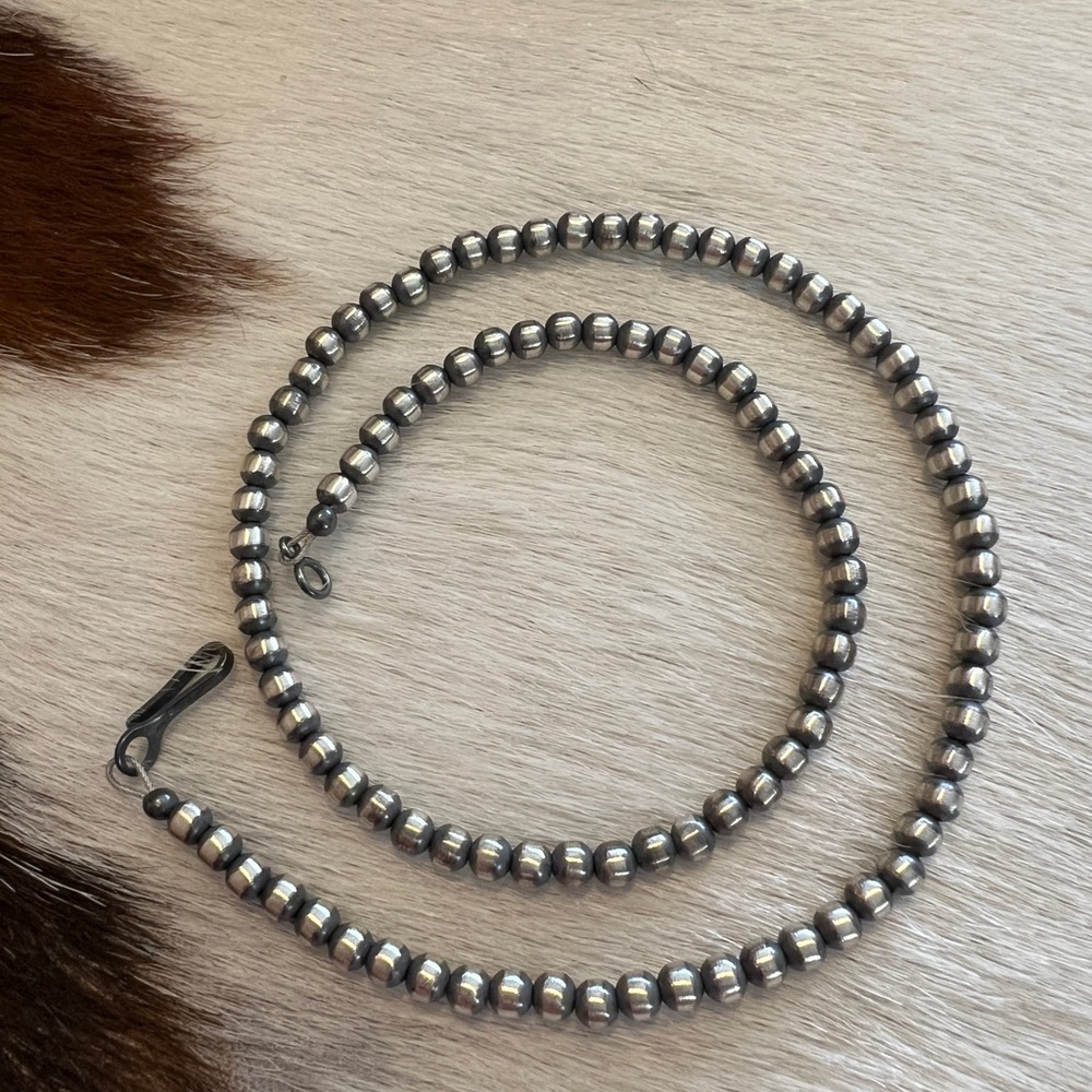 ❤️ 16” 4mm Desert Pearls / Beads Navajo Sterling Silver Necklace USA 8.9G Unisex
